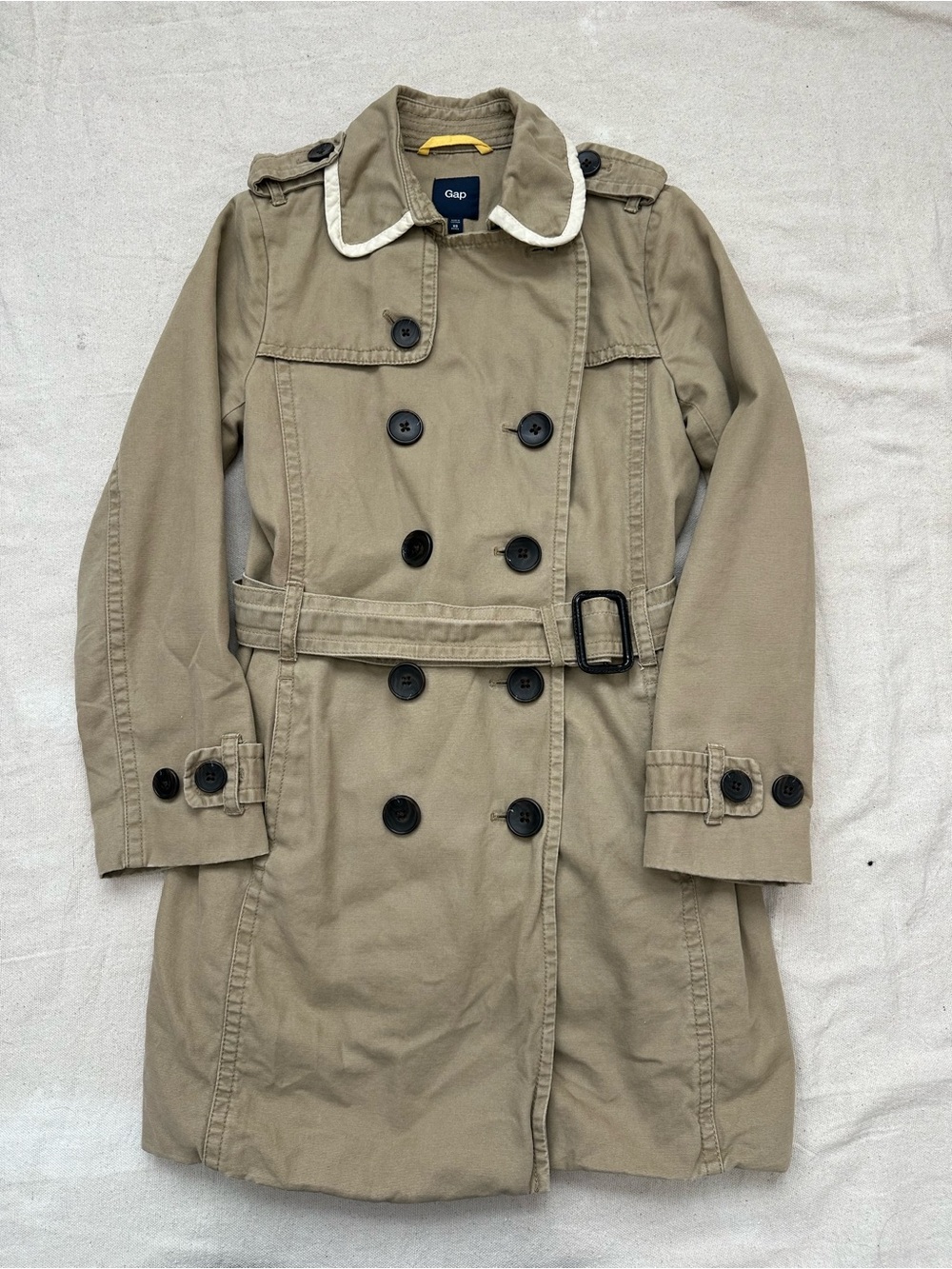 GAP Tan Khaki Cotton Belted Trench Coat White Trim Collared Jacket XS Petite